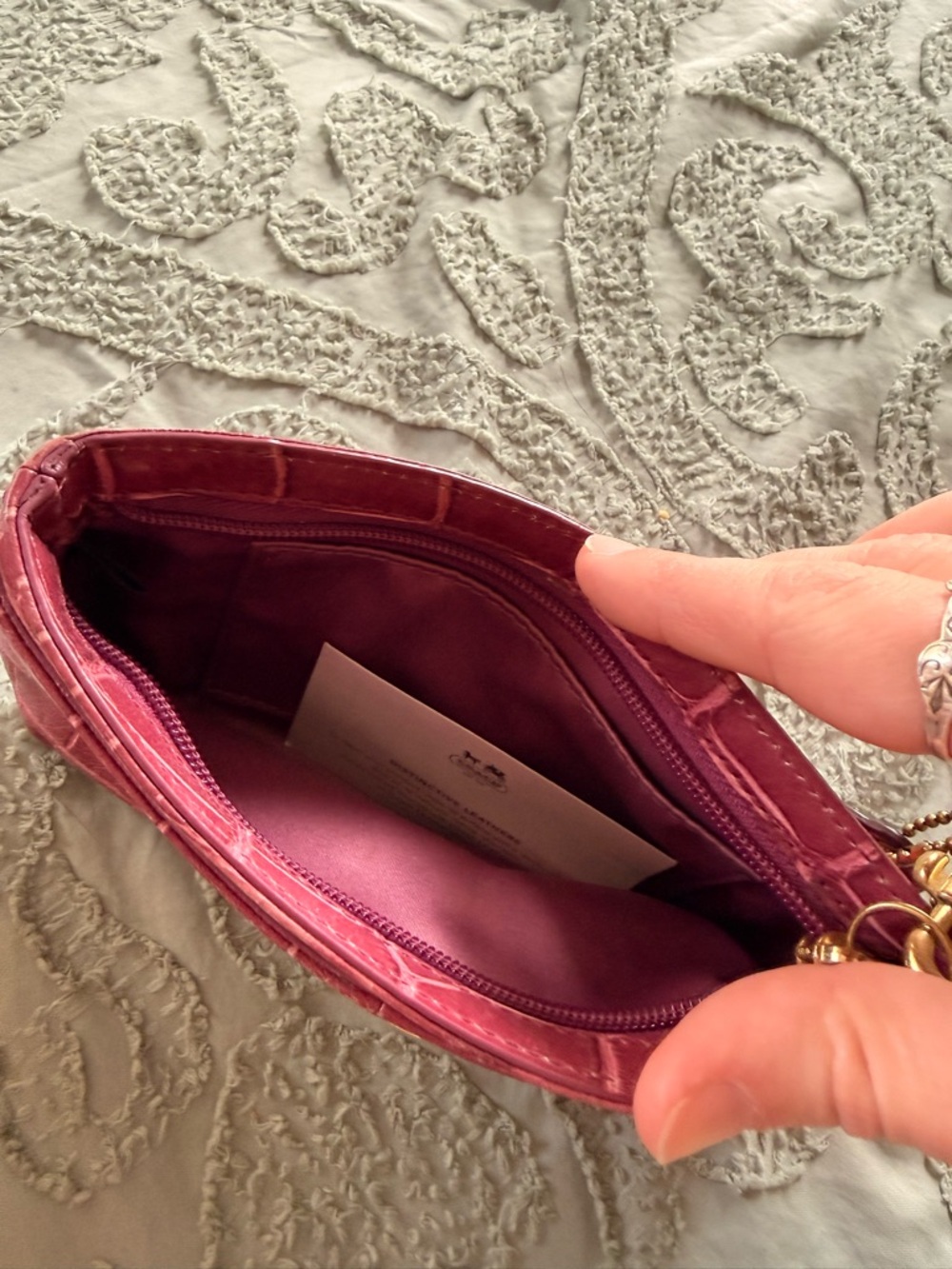Coach Glossy Croc-Embossed Pink Leather Wristlet with Gold Logo - Picture 5 of 7